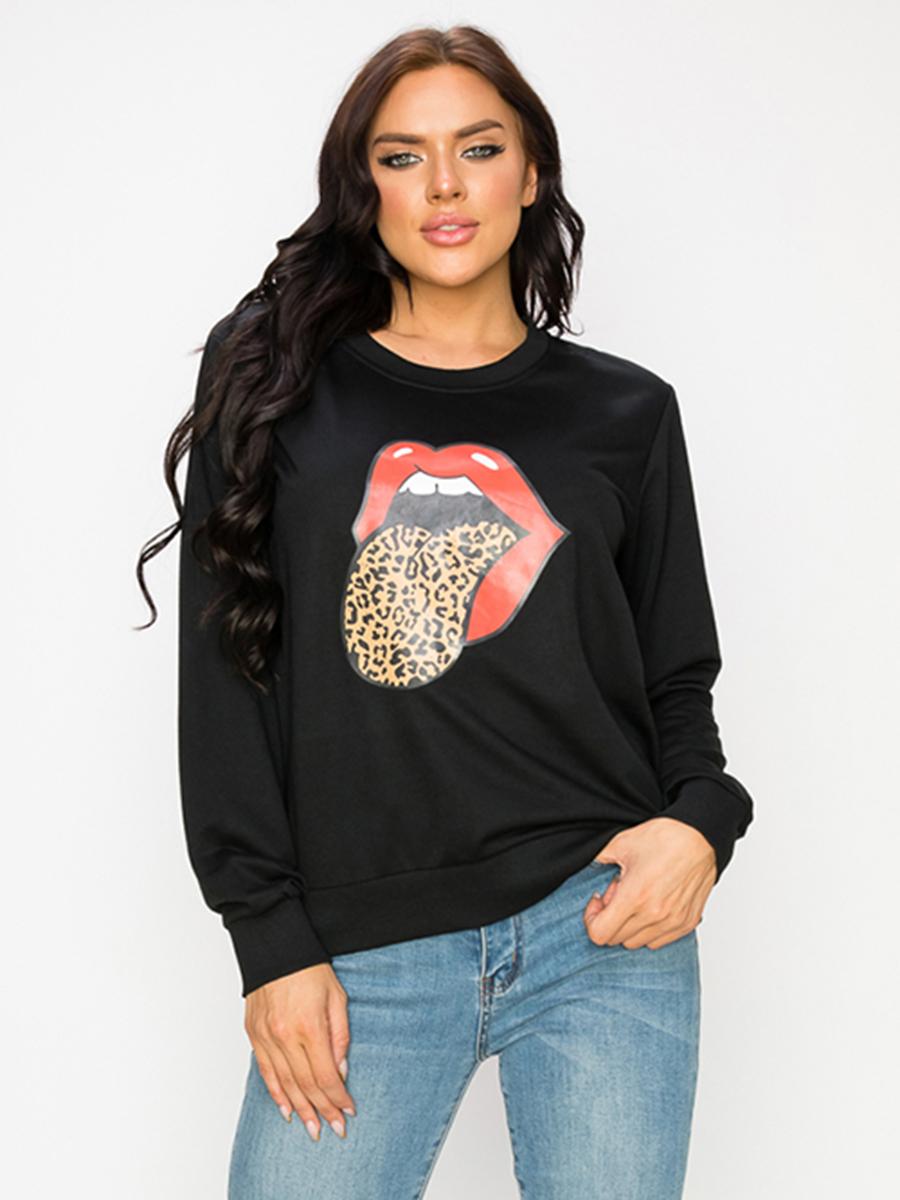 

LW Round Neck Lip Print Oversized Hoodies, Black