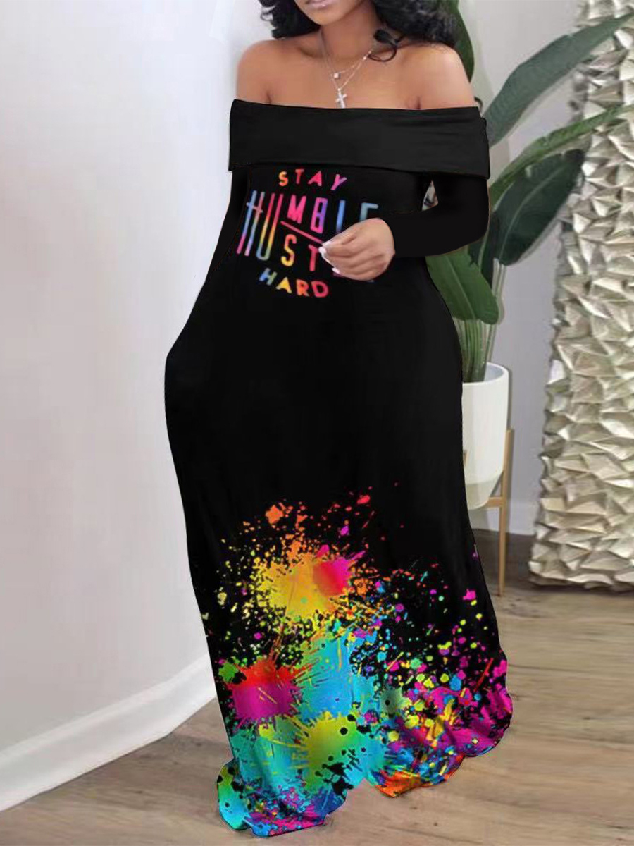

LW Plus Size Off The Shoulder Splash-ink Design Dress, Black