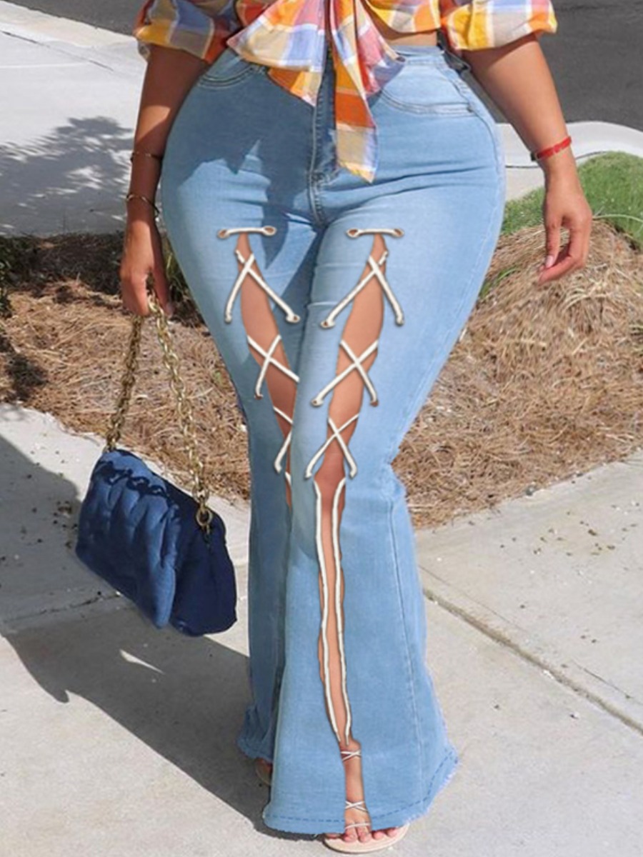 

LW Plus Size Bandage Design Flared Jeans, Baby blue