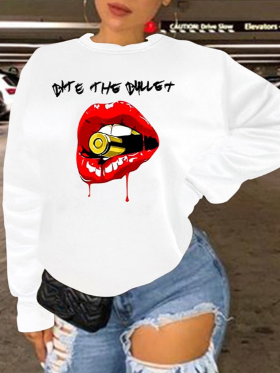 

LW Plus Size Lip Letter Print Hoodie, White