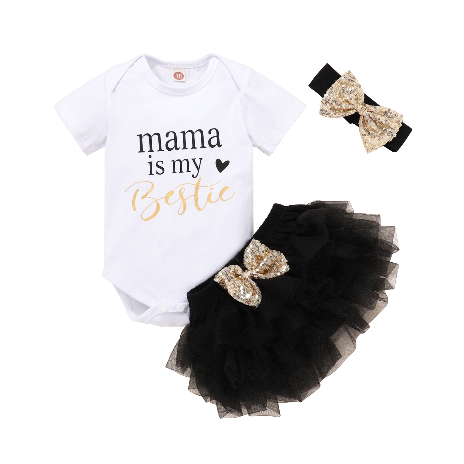 

LW Girl Letter Print Mesh Bow-tie Decor Three Piece Skirt Set, White
