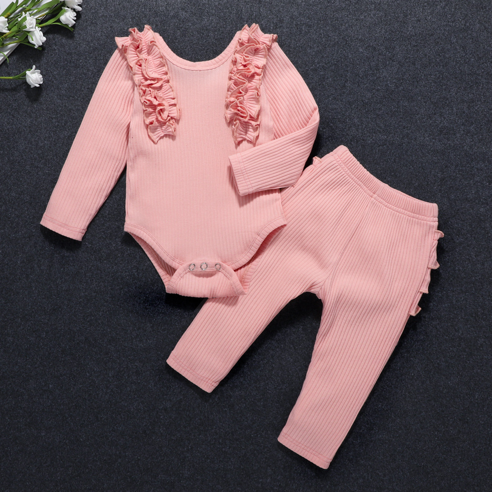 

LW COTTON Rib-Knit Fold Design Two Piece Pants Set, Pink