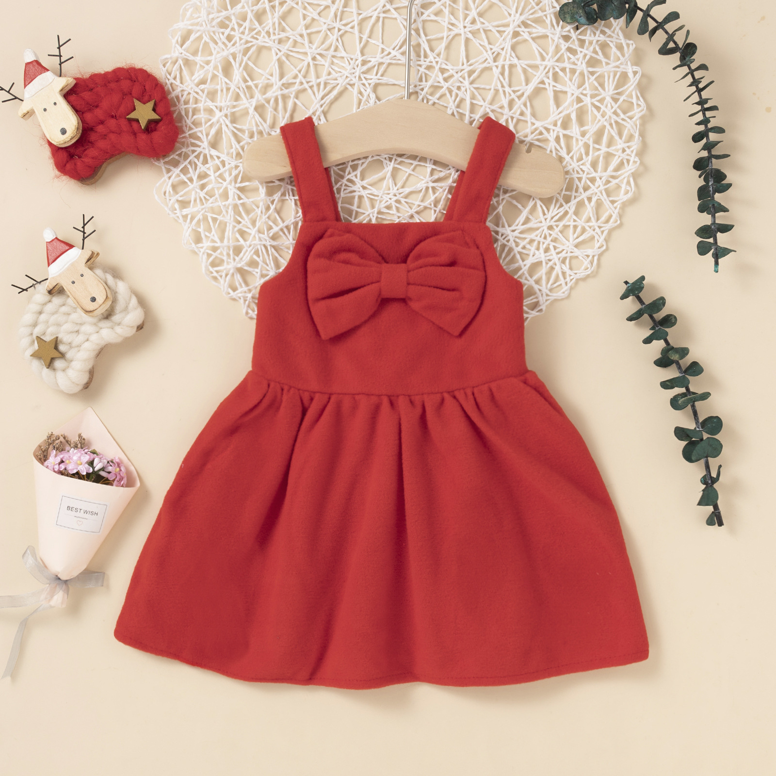 

LW COTTON Girl Bow-tie Decoration A Line Dress, Red