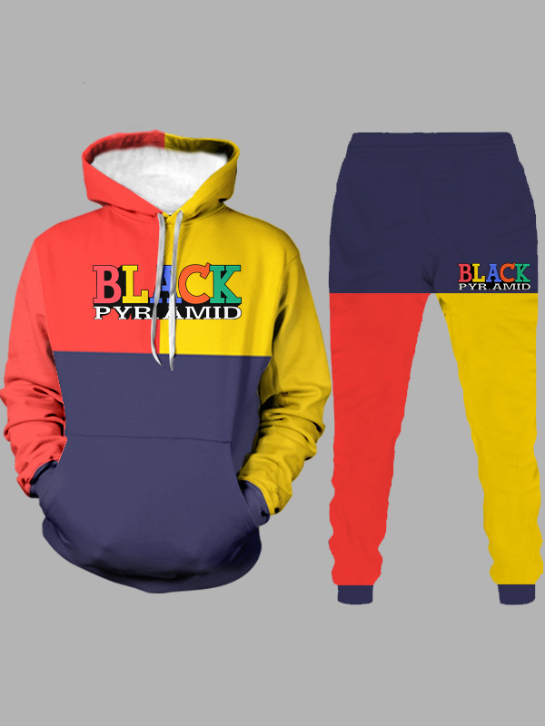 

LW Men Color-lump Letter Print Oversized Two Piece Pants Set, Multi