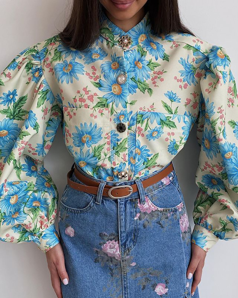 

LW Floral Print Ruffle Design Blouse, Blue