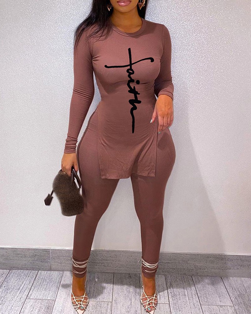 LW Faith Drawing Letter Print Slit Pants Set