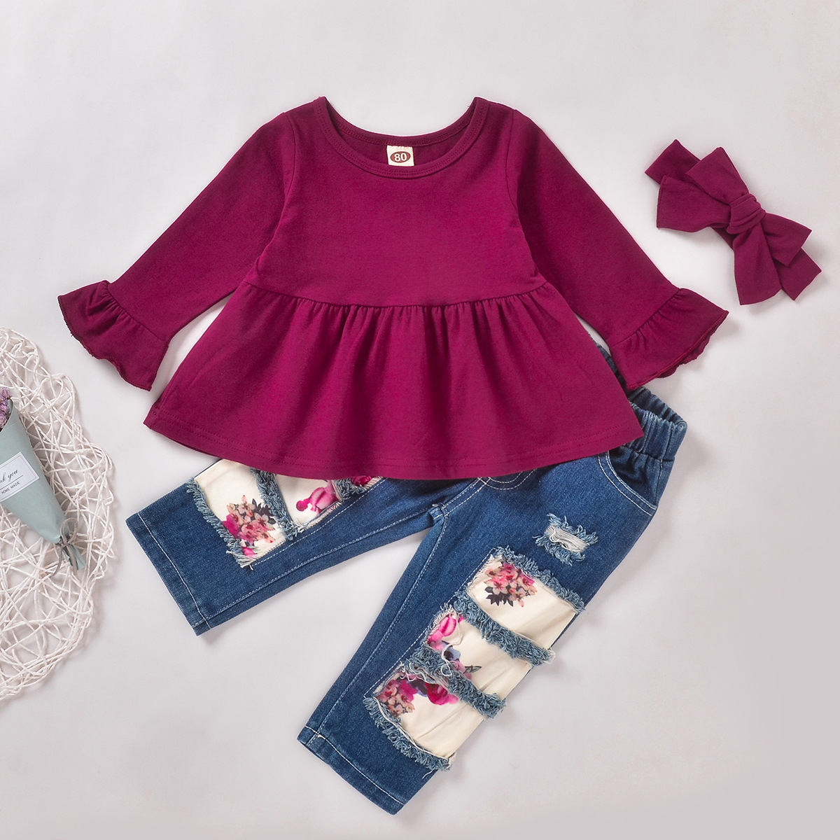 

LW COTTON Girl Flounce Design Ripped Pants Set (With Headband), Rose