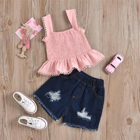

LW Girl Shirred Ripped Shorts Set, Pink2