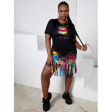 

LW Plus Size Casual Splash-ink Tassel Design Black Mini Dress