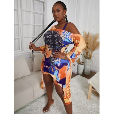 

LW Plus Size Casual Figure Print Asymmetrical Croci Two-piece Shorts Set
