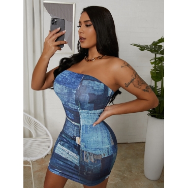 

LW BASICS Casual Off The Shoulder Skinny Dark Blue Mini Dress