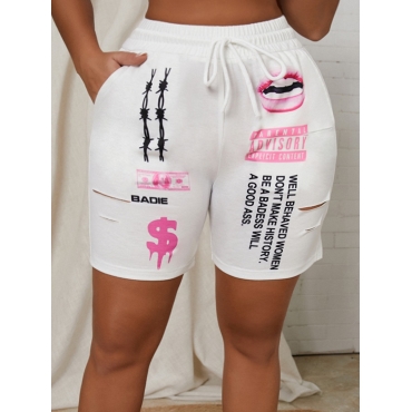 

Lovely Street Letter Lip Print Drawstring White Shorts
