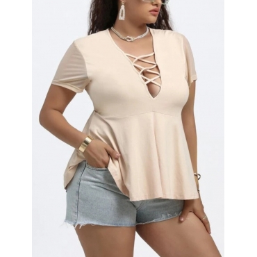 

Lovely Plus Size Bandage Hollow-out Design Blouses, Apricot