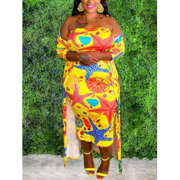 

LW SXY Plus Size Off The Shoulder Starfish Print Drees Set, Yellow