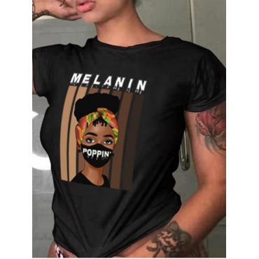 

Lovely Figure Letter Print Patchwork T-shirt, Black