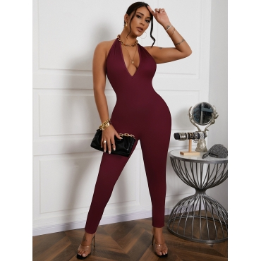 

LW Street V Neck Backless Brown One-piece Jumpsuit