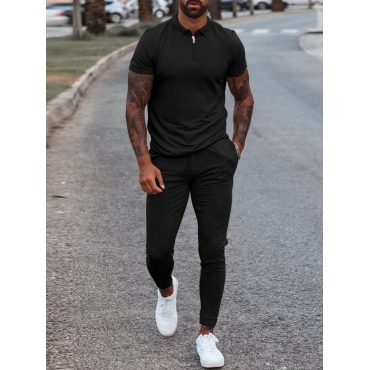 

LW Men Turndown Collar Drawstring Two Piece Pants Set, Black