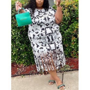

LW Plus Size Tie-dye Tassel Design Dress, White