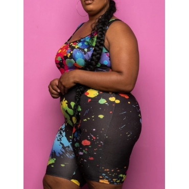 

Lovely Plus Size Casual U Neck Splash-ink Design Black One-piece Romper