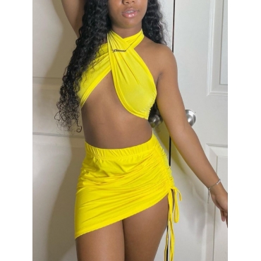 

LW SXY Bandage Design Drawstring Two Piece Skirt Set, Yellow