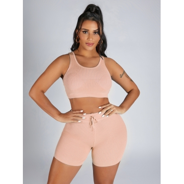 

Lovely Rib-Knit Drawstring Two Piece Shorts Set, Pink