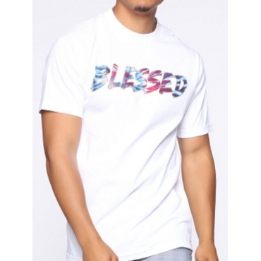 

LW Men Casual Round Neck Letter Print White T-shirt