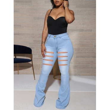 

Lovely High-waisted Ripped Flared Jeans, Baby blue