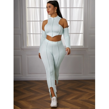 

LW SXY Round Neck Cold Shoulder Two Piece Pants Set, Baby blue