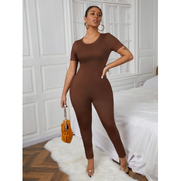 

LW SXY Round Neck Backless One-piece Jumpsuit, Brown