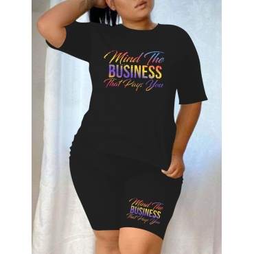 

LW Plus Size Round Neck Letter Print Two-piece Shorts Set, Carbon black
