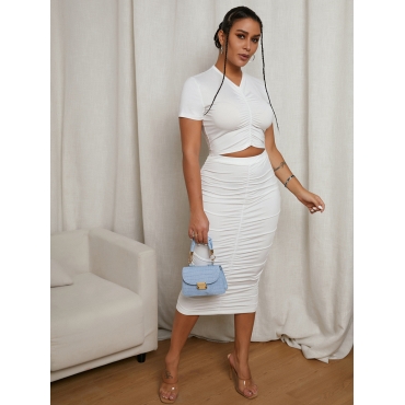 

Lovely V Neck Ruched Two Piece Skirt Set, White