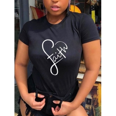

LW Round Neck Letter Print T-shirt, Black