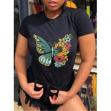 

LW Floral Butterfly Print T-shirt, Black