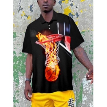 

Lovely Men Flame Basketball Print Polo, Black