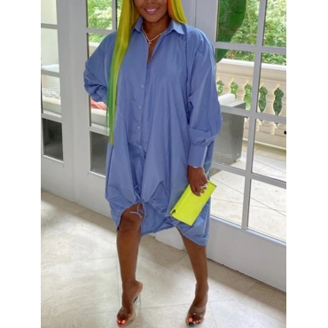 

LW Button Design Drawstring Shirt Dress, Blue