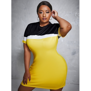

LW Plus Size Casual Round Neck Color-lump Yellow Mini Dress