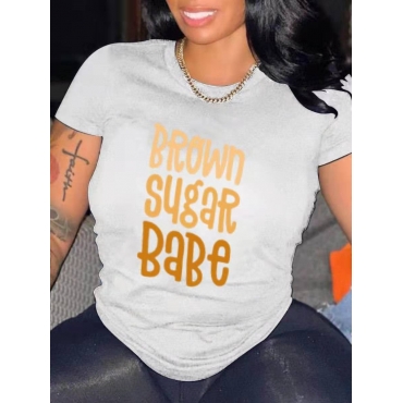

LW Round Neck Letter Print T-shirt, White
