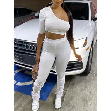 

LW One Shoulder Fold Design Two Piece Pants Set, White