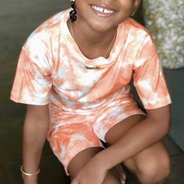 

LW COTTON Girl Scoop Neck Tie-dye Two-piece Shorts Set, Orange