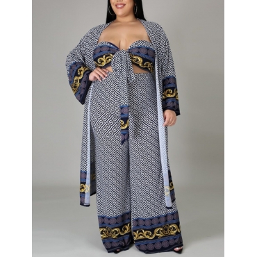 

LW Plus Size Geometric Print Wide Leg Three-piece Pants Set, Grey