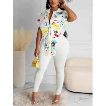 

LW Graffiti Print Split Two Piece Pants Set, White