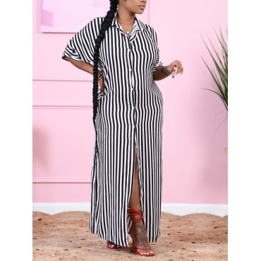 

Lovely Striped Side Slit Button Design Shirt Dress, Black