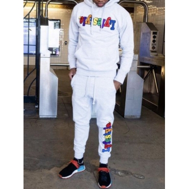 

LW Men Hooded Collar Letter Print Two Piece Pants Set, White