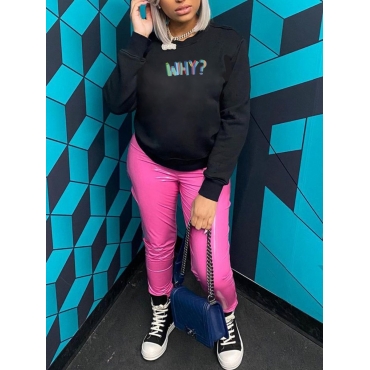 

LW BASICS Round Neck Letter Print Hoodie, Black