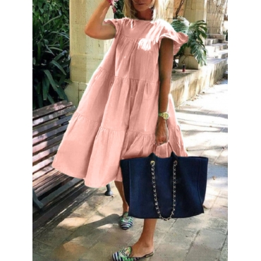 

LW Round Neck Ruffle Design A Line Dress, Pink