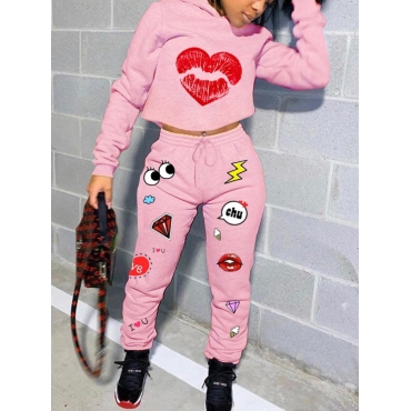 

LW Letter Lip Print Oversized Crop Top Sweatsuit Set, Pink