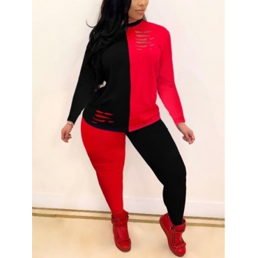 

LW Plus Size Color-lump Ripped Pants Set, Red