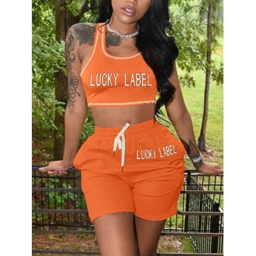 

Lovely Sporty Letter Print Drawstring Croci Two Piece Shorts Set