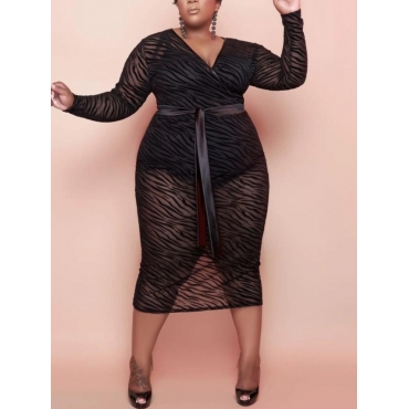 

Lovely Plus Size See-through Wrap Bodycon Dress, Black