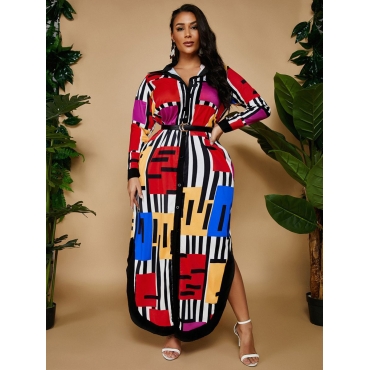 

LW Plus Size Color-lump Patchwork Dress (Without Belt), Red